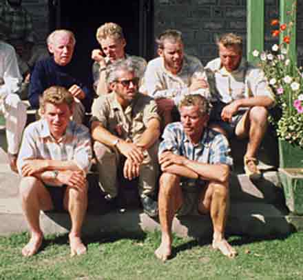 
Top: Rudel Marek, Anderl Mannhardt, Toni Kinshofer, Hubert Schmidbauer. Bottom: Manfred Sturm, Karl Herrligkoffer, Michl Anderl - in Gilgit after the first ascent of the Nanga Parbat Diamir Face on June 22, 1962
